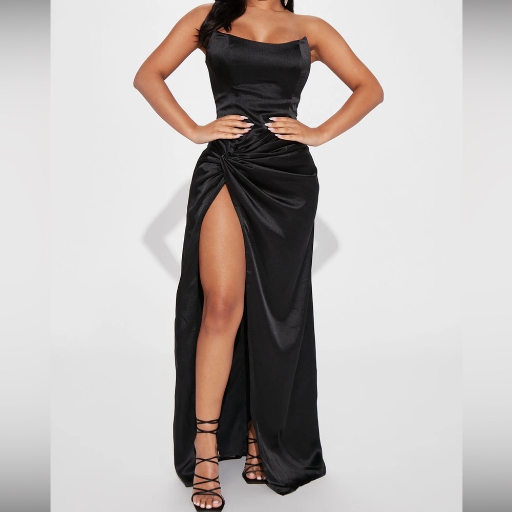 Black Satin Strapless Maxi Dress
